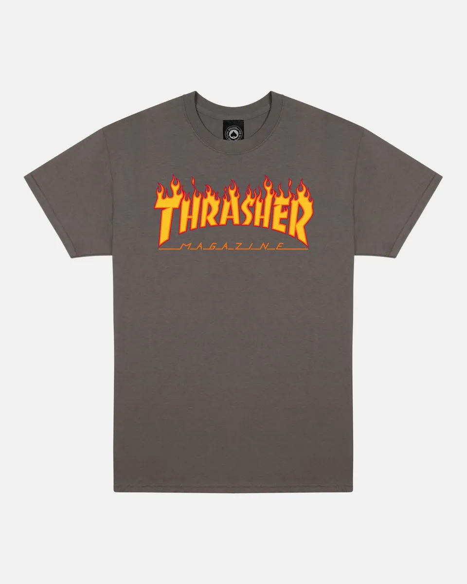 Thrasher Flame t-shirt carbone cotone fiamma petto