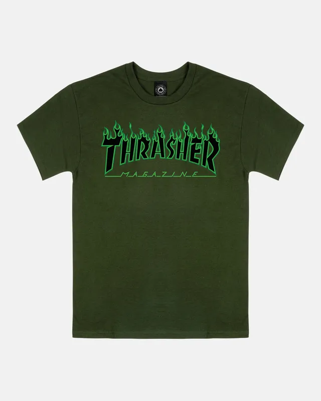 Thrasher Flame Green Black t-shirt verde foresta cotone