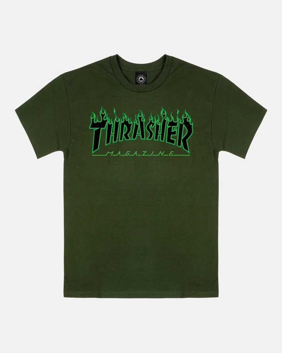 Thrasher Flame Green Black t-shirt verde foresta cotone