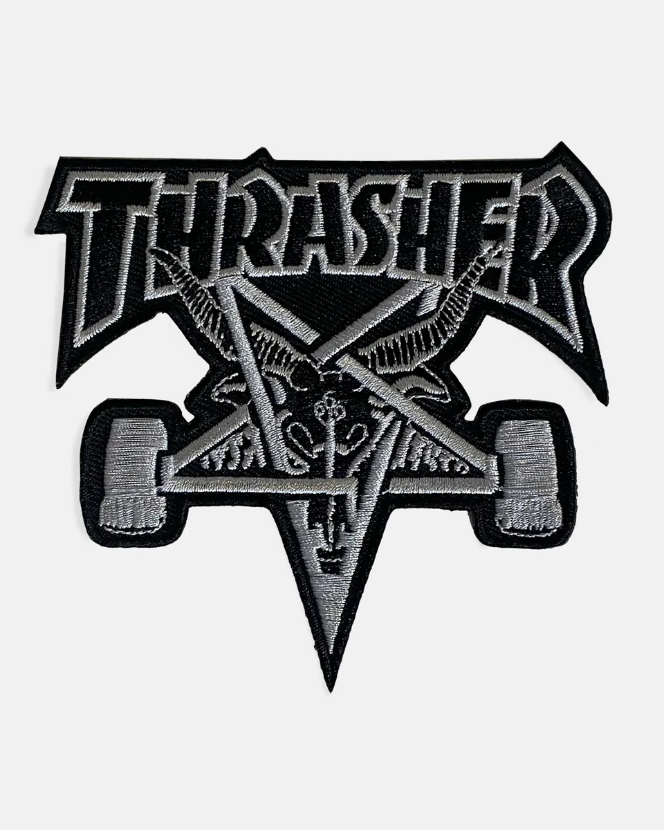 Thrasher Skategoat patch nera ricamata termoadesiva