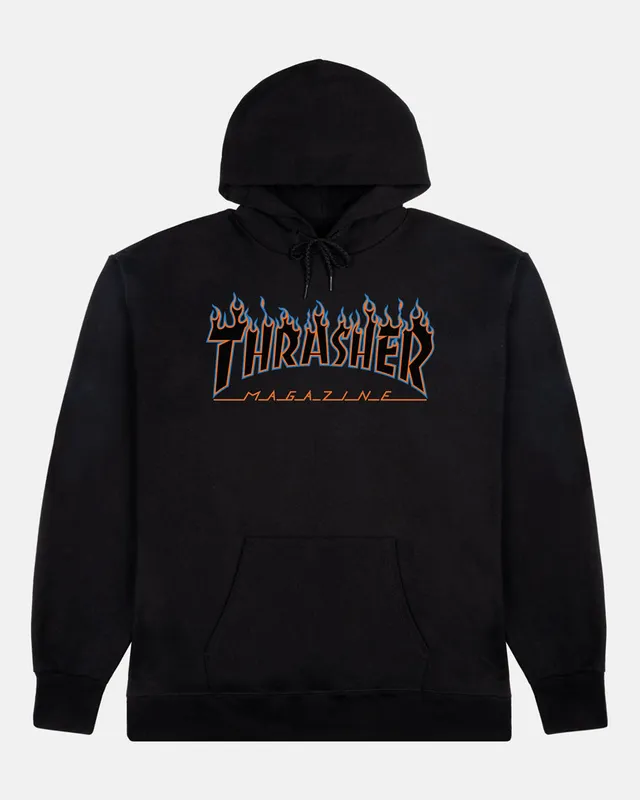 Thrasher Flame Blue Orange Hoodie felpa nera cappuccio