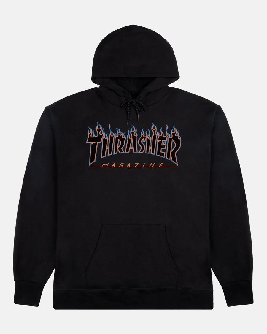 Thrasher Flame Blue Orange Hoodie felpa nera cappuccio