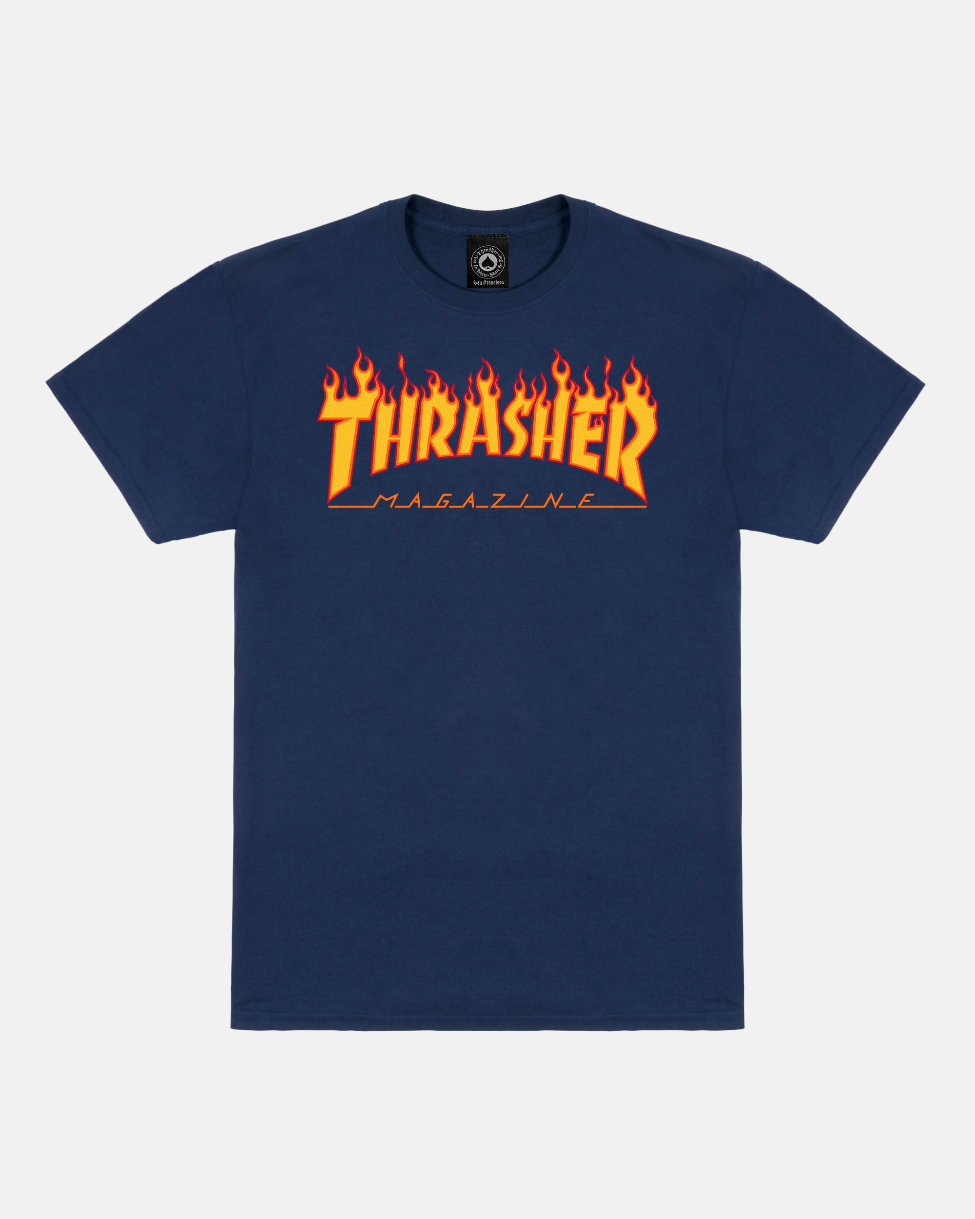 Thrasher Flame maglietta navy cotone USA logo petto