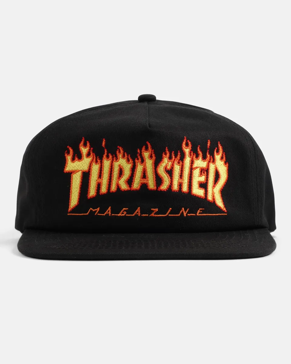Thrasher Flame Embroidered Snapback cappellino nero cotone