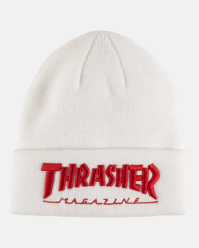 Thrasher Embroidered beanie berretto bianco rosso ricamato