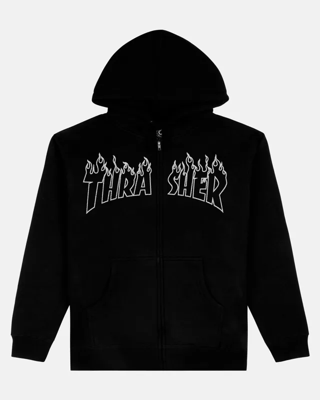 Thrasher Flame Embroidered Zip Hoodie felpa nera cotone