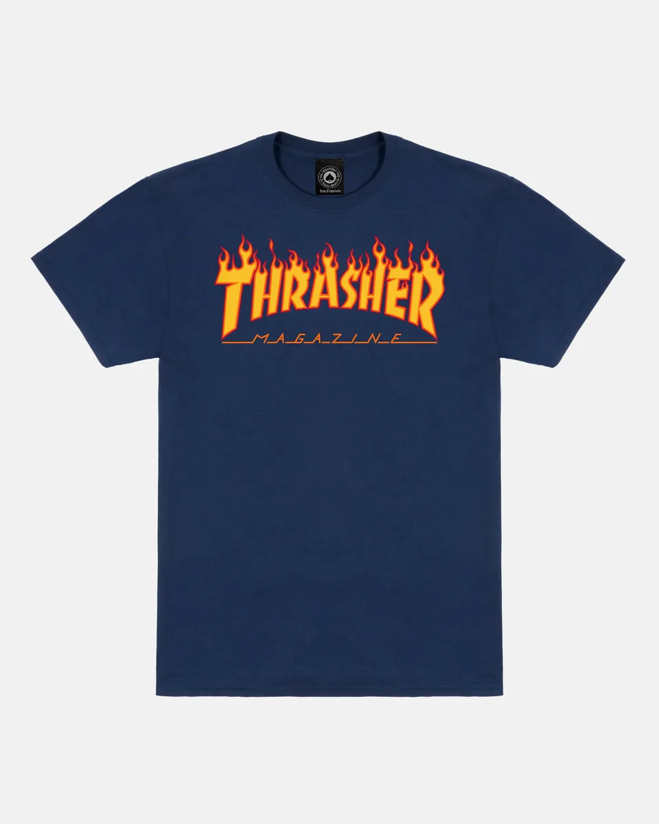 Thrasher Flame maglietta navy cotone USA logo petto