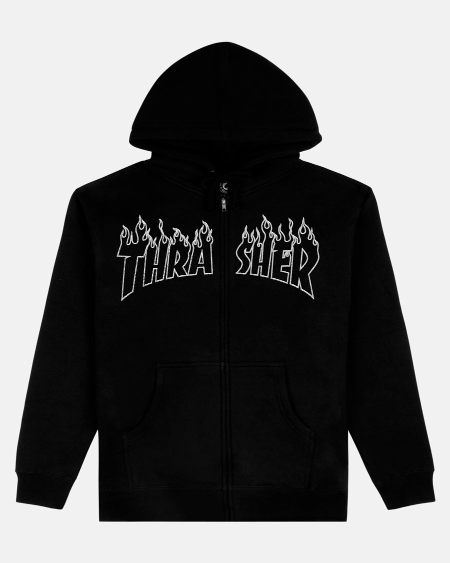 Thrasher Flame Embroidered Zip Hoodie felpa nera cotone