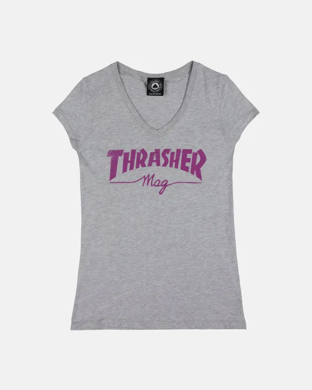 Thrasher Mag t-shirt scollo V donna grigia cotone