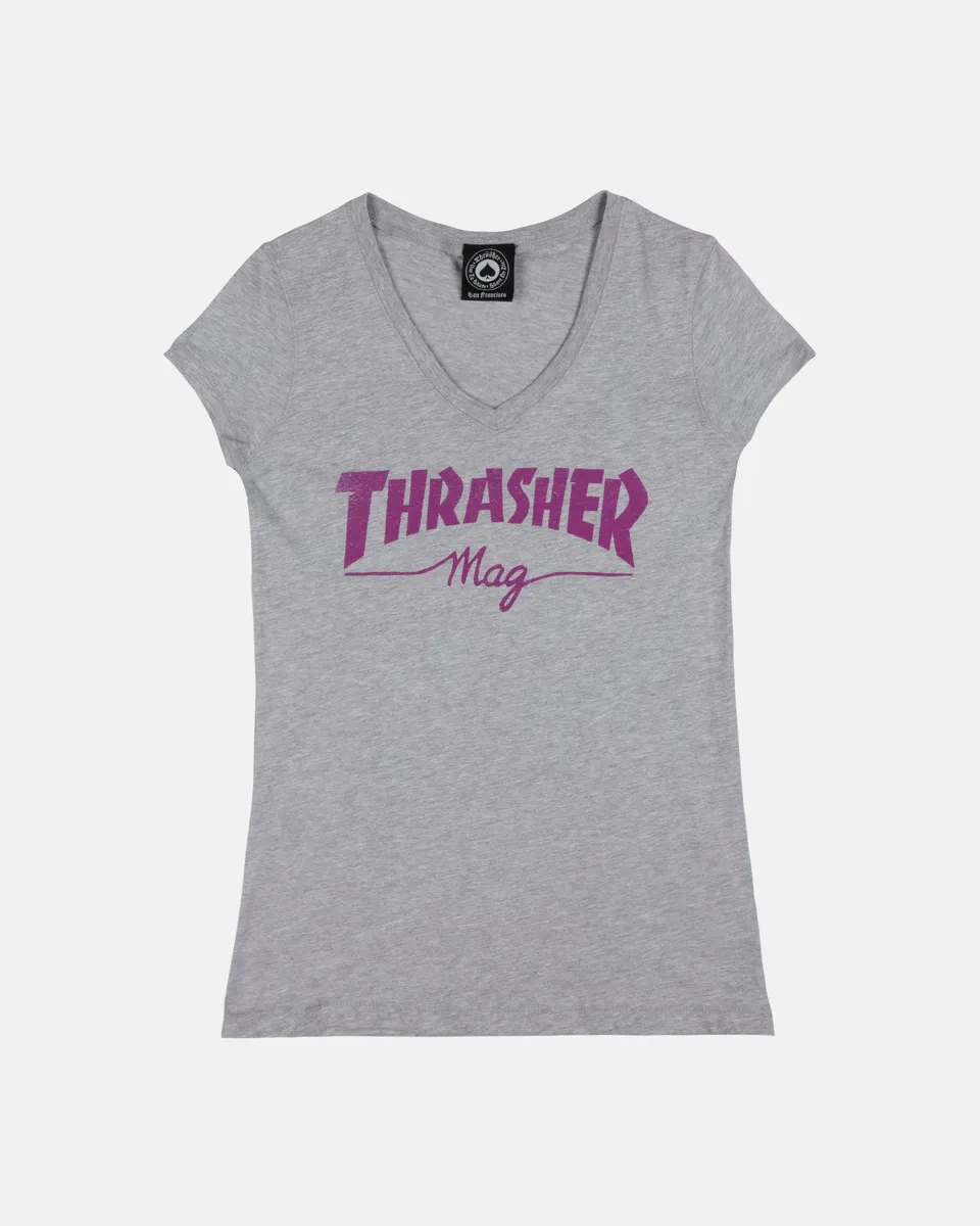 Thrasher Mag t-shirt scollo V donna grigia cotone