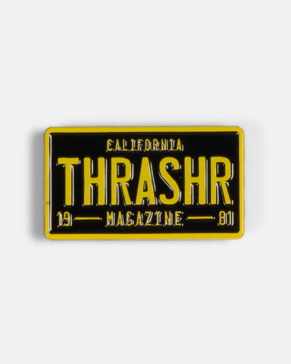 Thrasher License Plate spilla nero giallo smalto morbido
