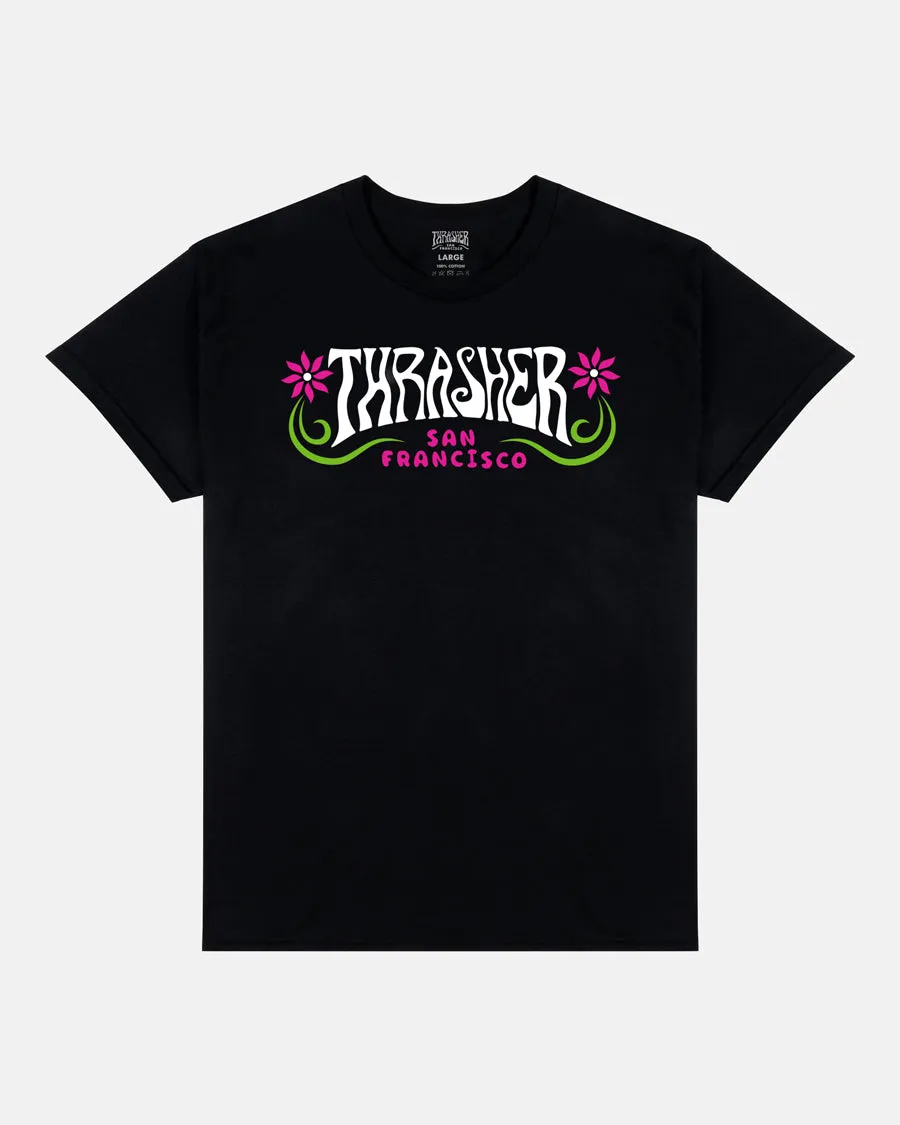 Thrasher Flower Power t-shirt nera grafica floreale